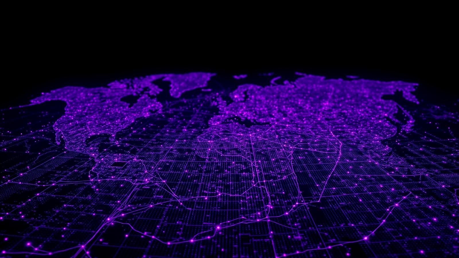 Aerial map of glowing violet purple city grids with floating data points on a dark background