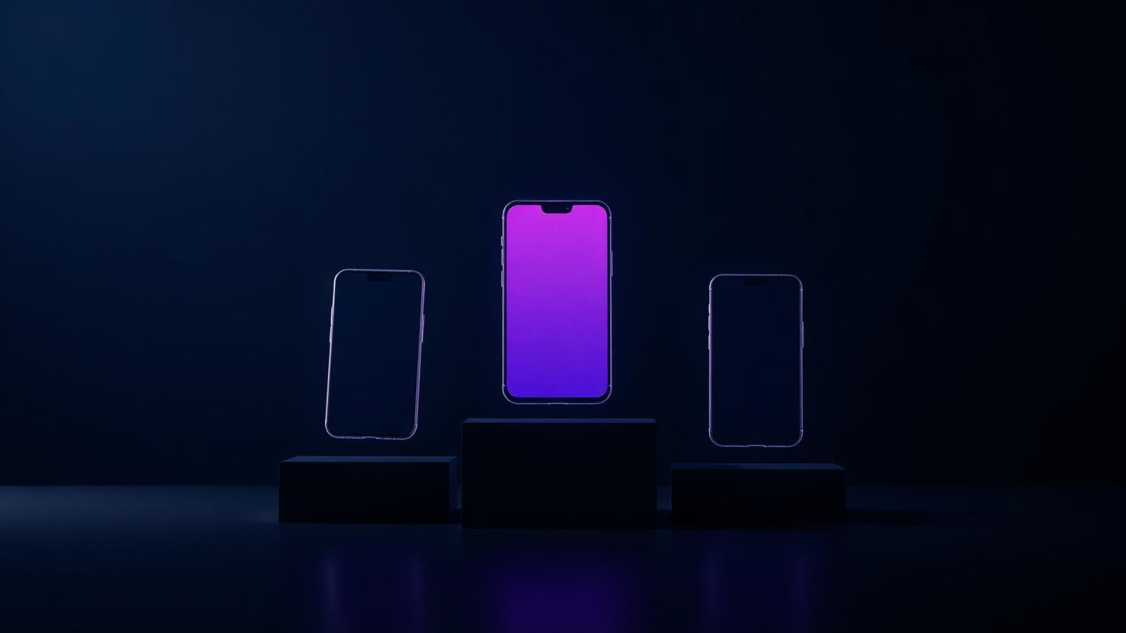 Three smartphones arranged on podiums, the center one glowing violet purple