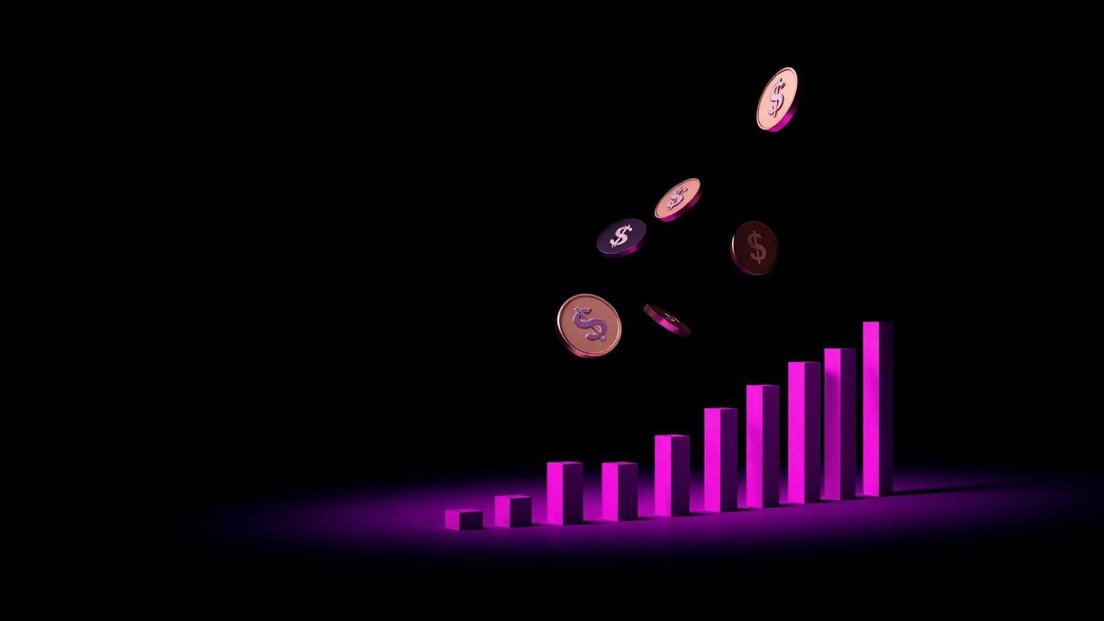 Abstract illustration of dollar coins falling onto a rising bar chart in violet purple light
