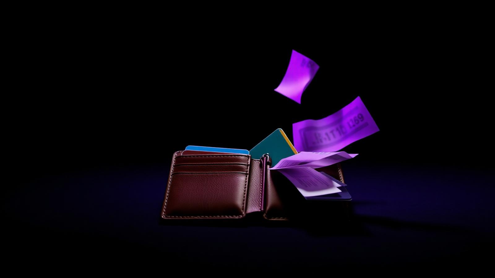 Open leather wallet with credit cards and floating violet purple receipts on a dark background