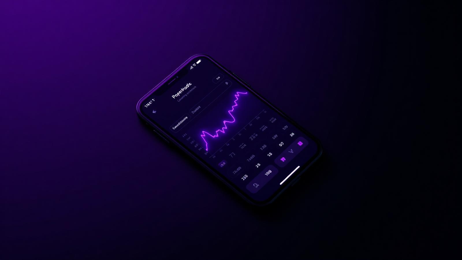 iPhone on a dark surface showing a glowing violet purple line chart on a minimal dashboard
