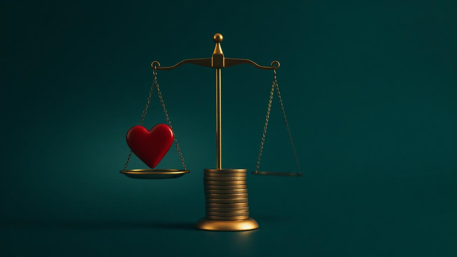 Golden scales of justice balancing a red heart against a stack of coins on a dark teal background