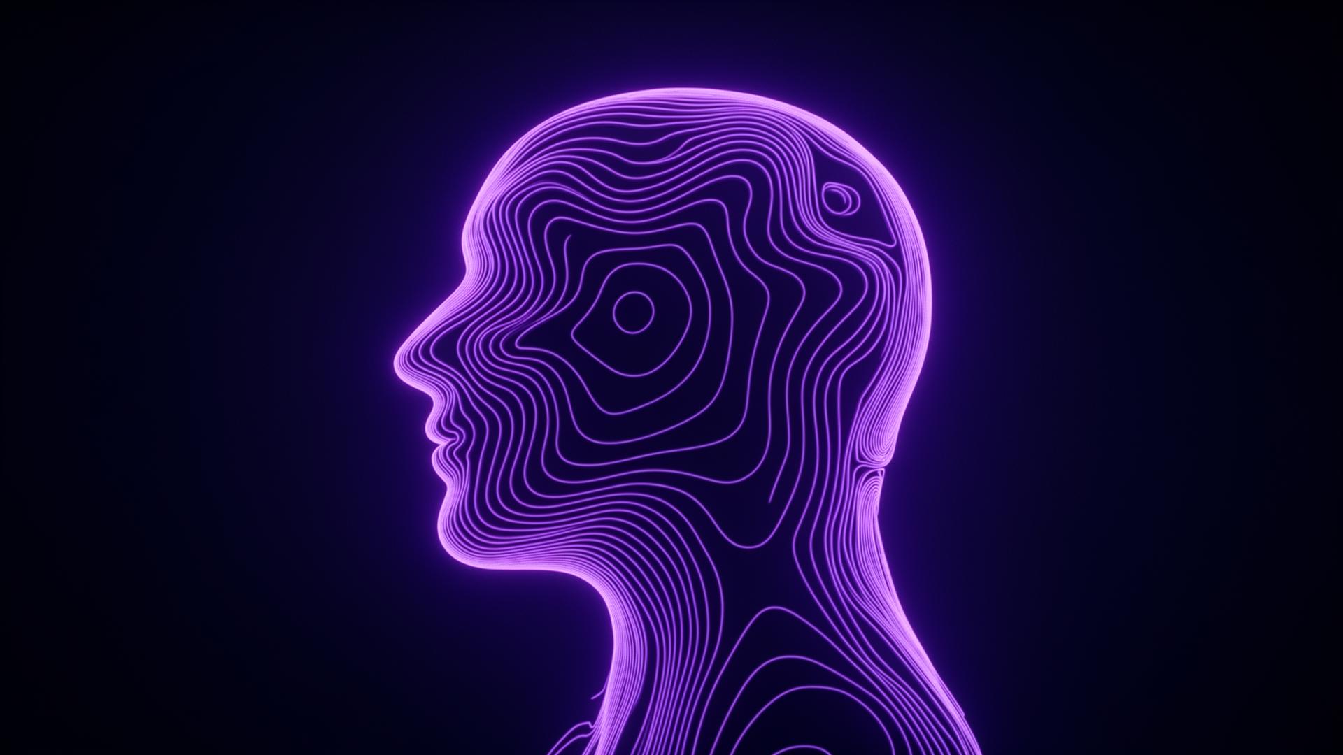 Glowing topographical contour lines forming a human profile