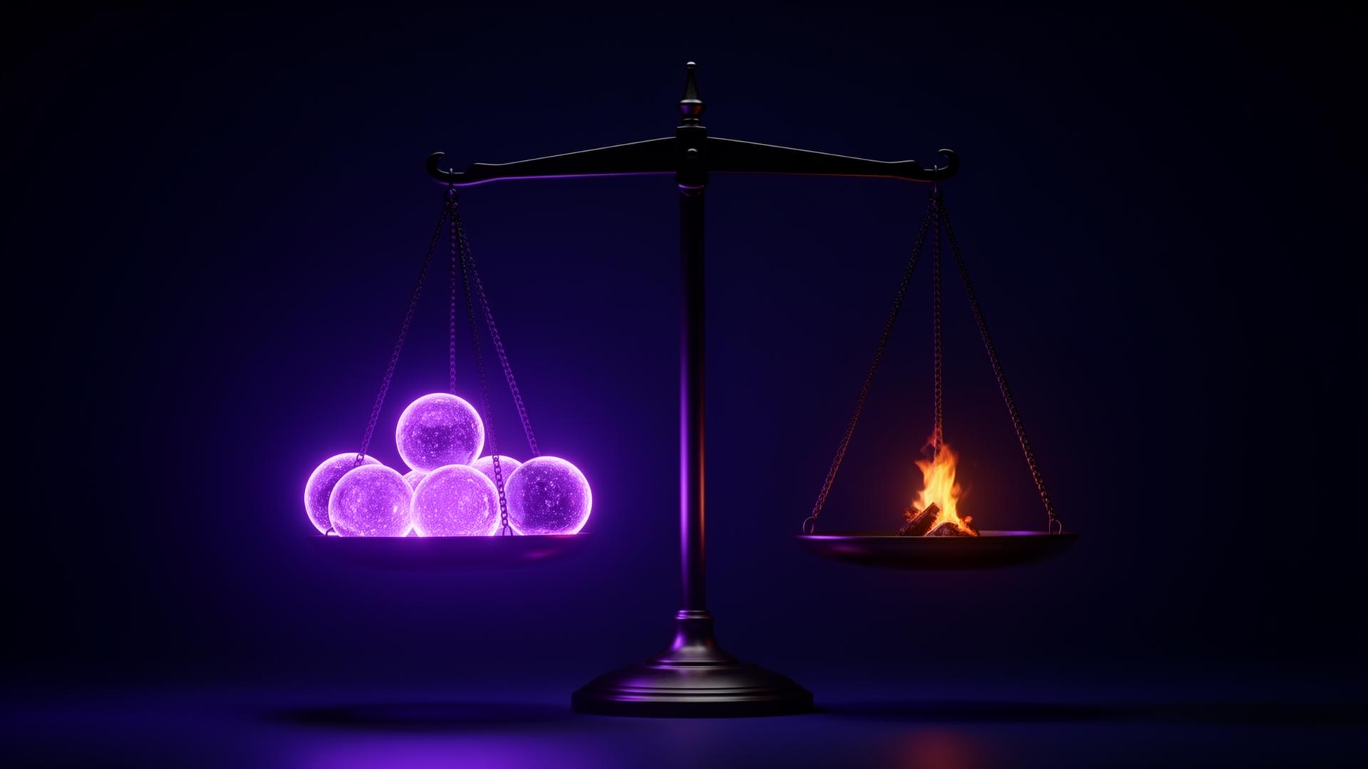 A glowing scale with five purple orbs balanced against a single ember