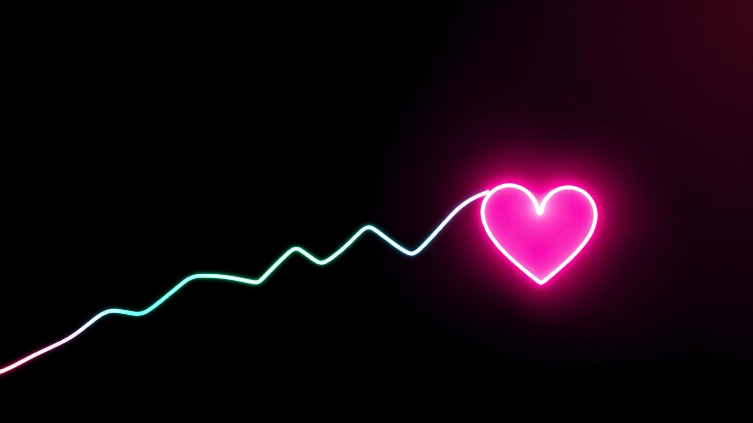 Neon chart line transforming into a glowing pink heart on a dark background